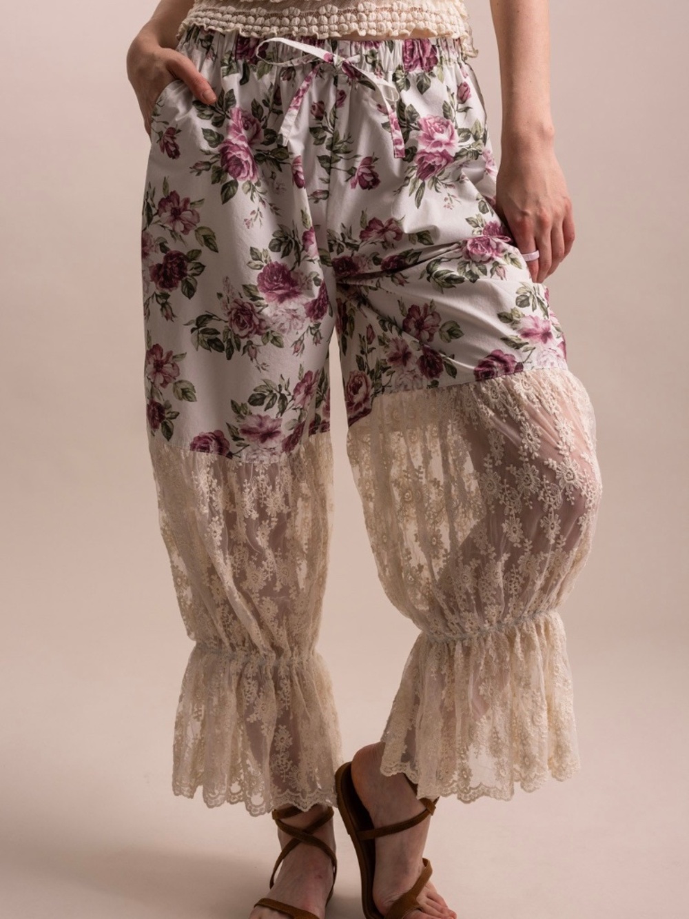 Bluevelvet Stretchy Waist Floral Print Semi Sheer Lace Bloomers Pants - Picture 7 of 8